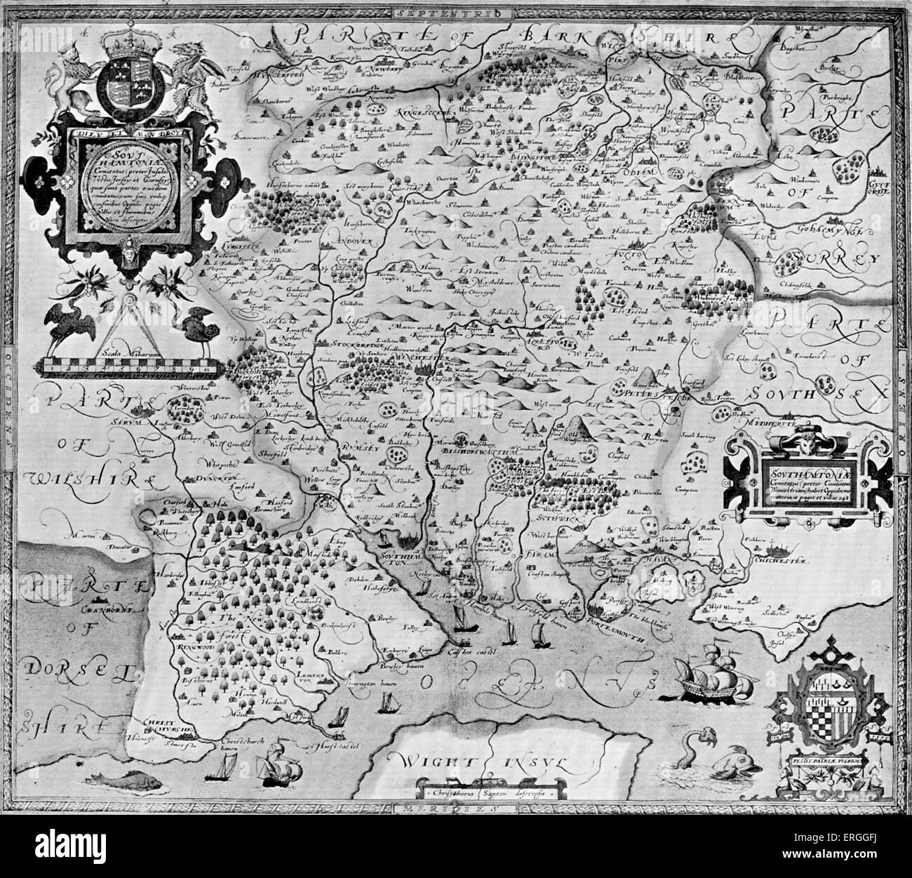 Karte von Grafschaft von Southampton, England in Christohper Saxtons 'Atlas der Grafschaften von England', 1574-9. (Auch mit dem Titel: "Karten der Grafschaften von England und Wales"). Stockfoto