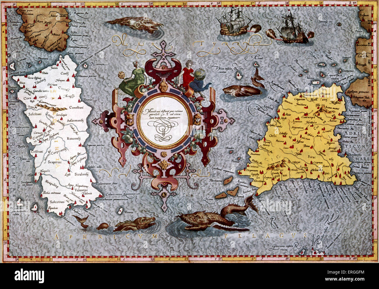 Karte von Sardinien und Sizilien von Mercator. Veröffentlicht in Ptolemäus 'Geographica", 1584, Köln. (Titel: Ptolemaei Alexandrini Stockfoto