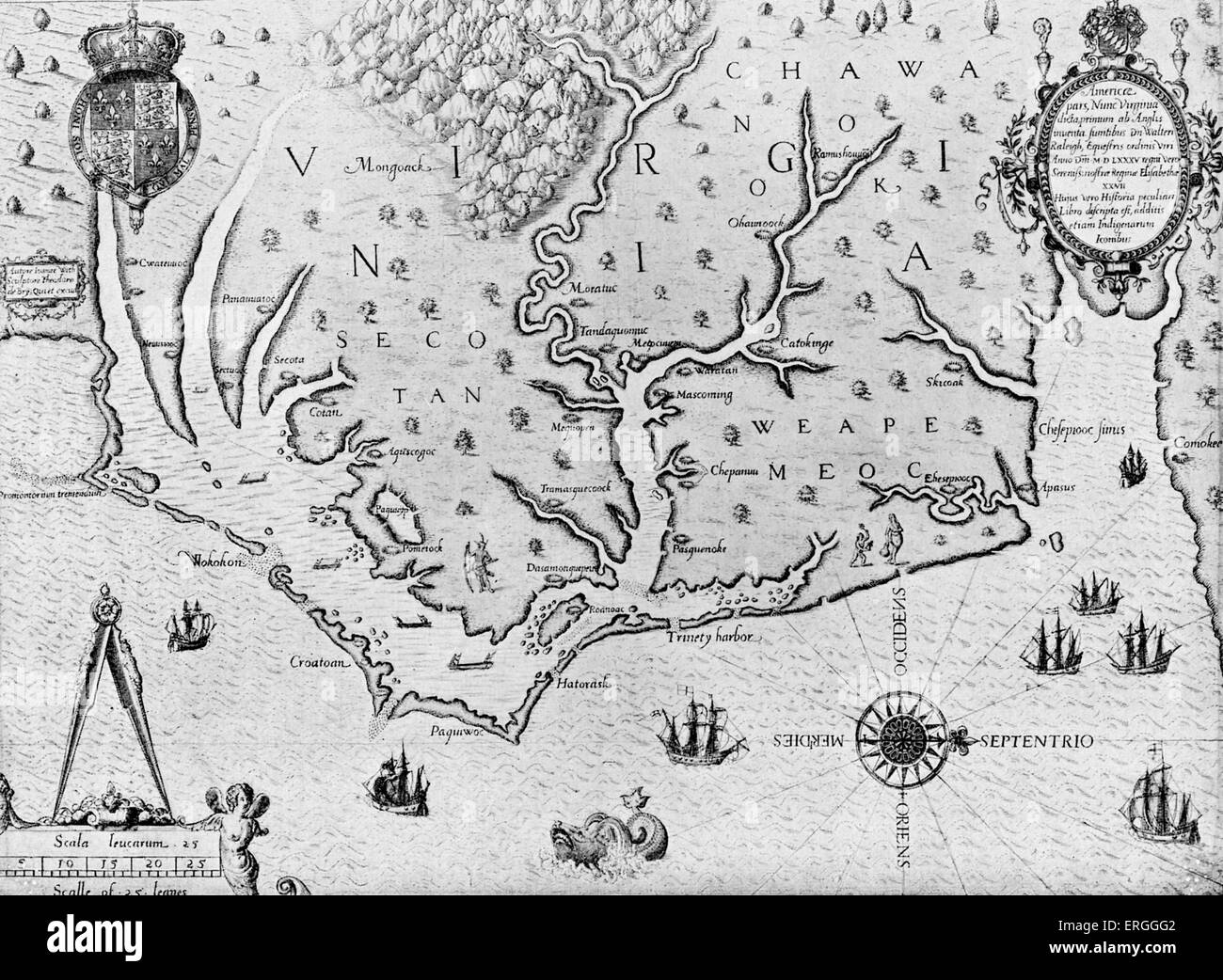 Karte von Virginia in De Bry 'Grand Voyages", Teil I. veröffentlicht 1590, Frankfurt. Stockfoto