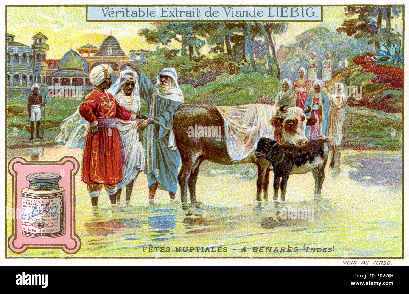 Hochzeitsfeiern: Benares, Indien, 1910. Traditionelle Trauung. Liebig-Sammelkartenspiel ("FÊTES NUPTIALES"). Stockfoto