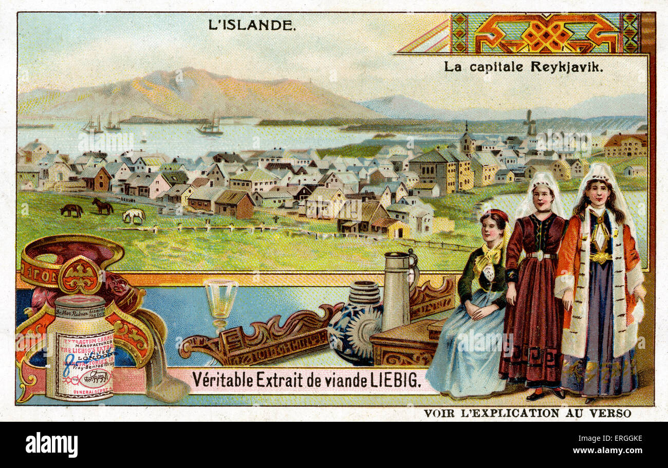 Island: Reykjavík (Hauptstadt). Illustration von 1911. Frauen in traditioneller Tracht.  Liebig-Sammelkartenspiel. Stockfoto