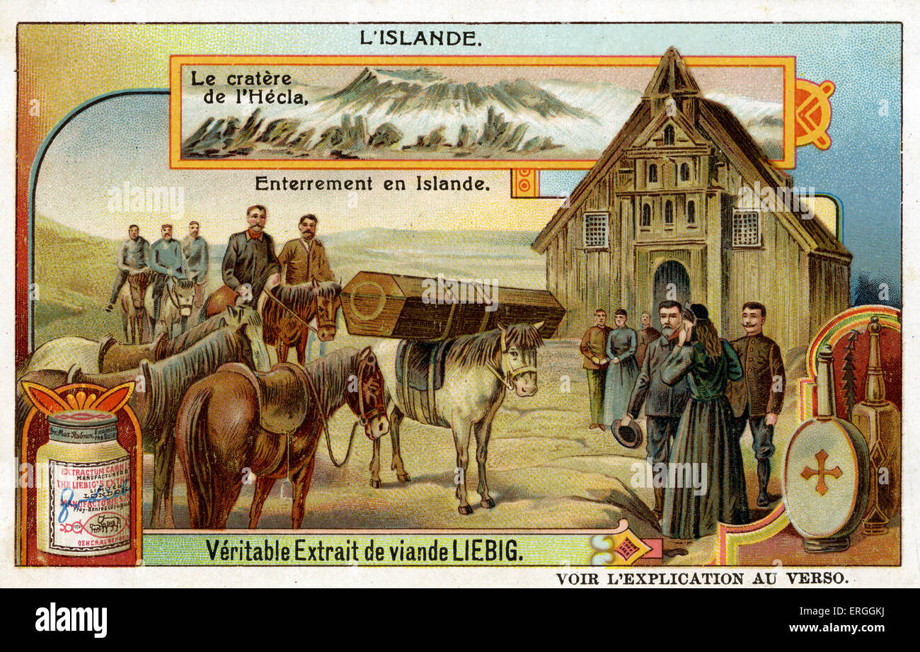 Island: Begräbnis auf der Insel.   Illustration von 1911. Auch gezeigt: Vulkan Hekla. Liebig-Sammelkartenspiel. Stockfoto