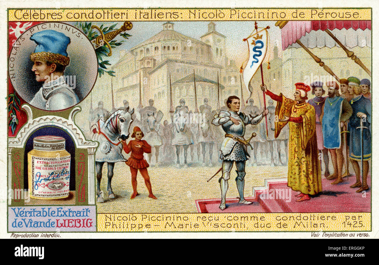 Berühmten italienischen Condottieri: Braccio da Montone (1 Juli 1368 – 5 Juni 1424).  Illustration von 1911. Piccinino wird als empfangen. Stockfoto