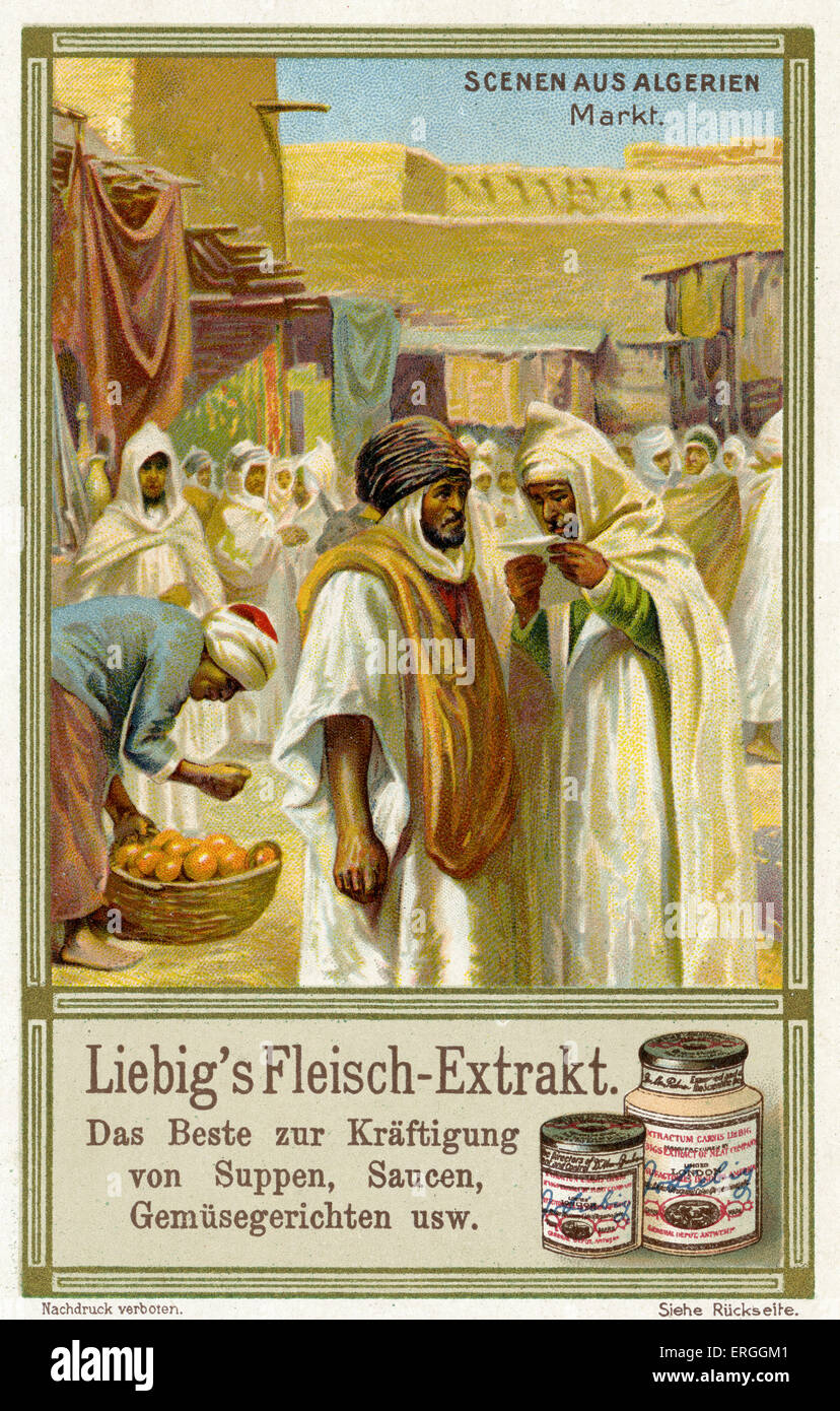 Algerische Szenen: Der Markt. Illustration von 1910. Liebig-Extrakt von Fleisch Sammelkarten. Stockfoto