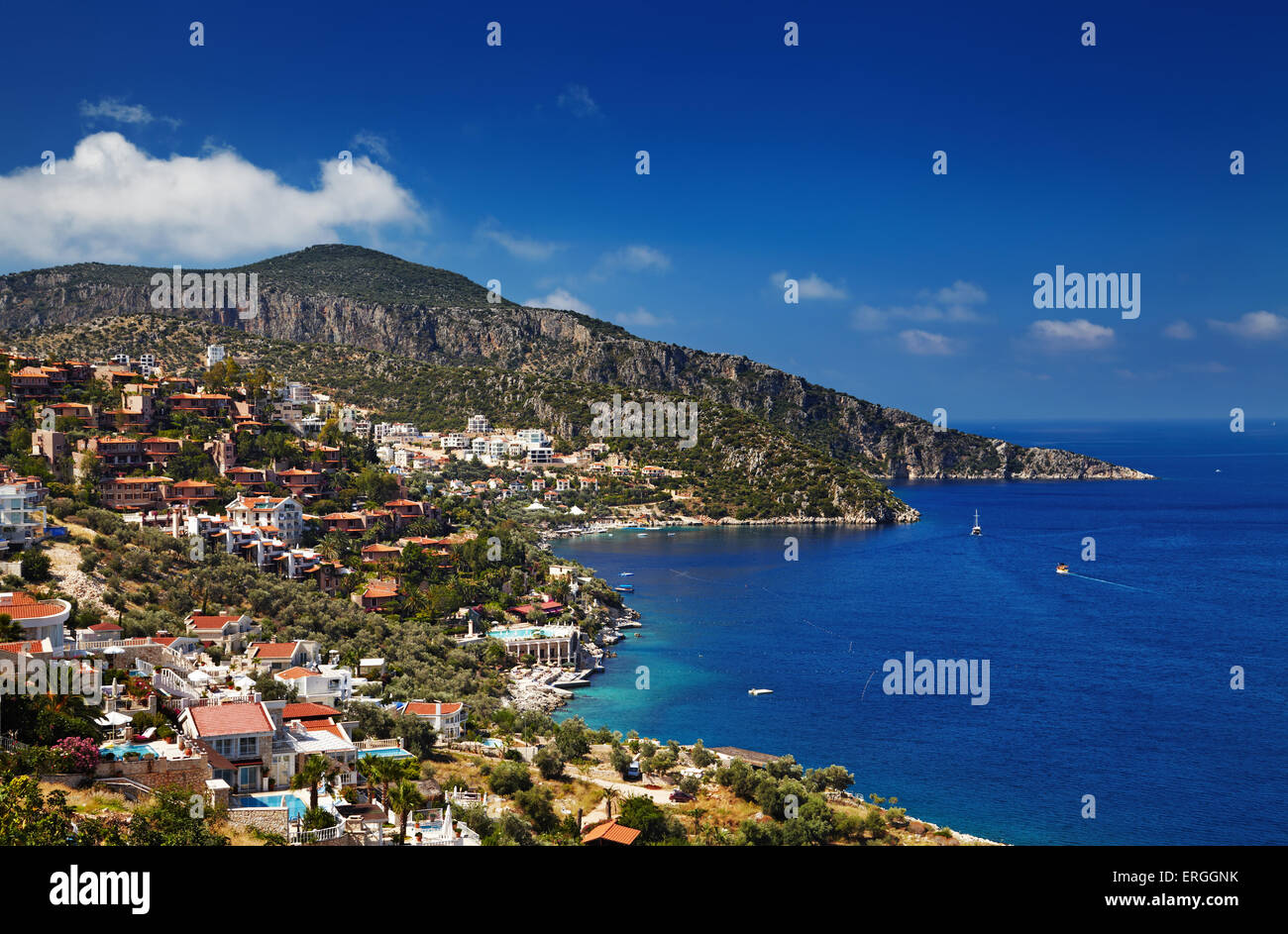 Stadt Kalkan, Mittelmeerküste, Türkei Stockfoto