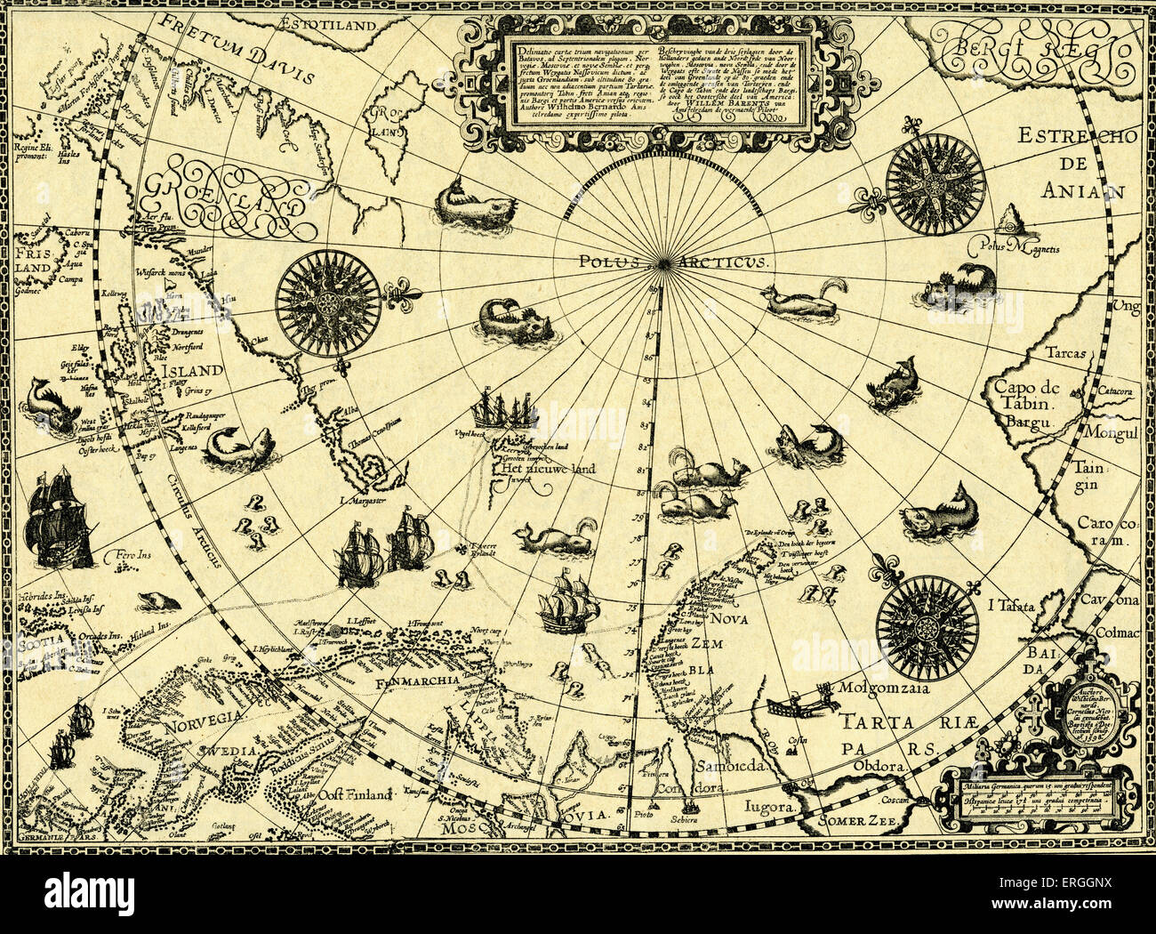 Die North Polar-Regionen - Karte in Linschoten "Navigatio Ac Itinerarium, etc.", 1599.  Jan Huyghen van Linschoten, Niederländisch Stockfoto
