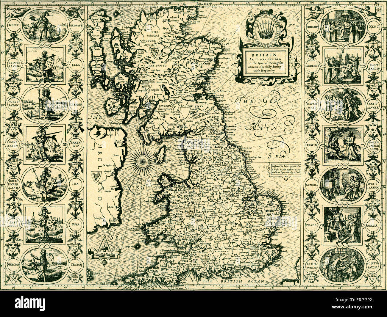 Karte von Großbritannien zum Zeitpunkt der Saxon Heptarchy. 1611 veröffentlicht in Speed "die Theatre of the Empire of Great Britain". Stockfoto