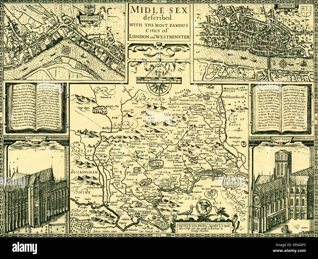 Karte von Middlesex mit den Städten London und Westminster.  Veröffentlicht in Speed "die Theatre of the Empire of Great Britain", Stockfoto