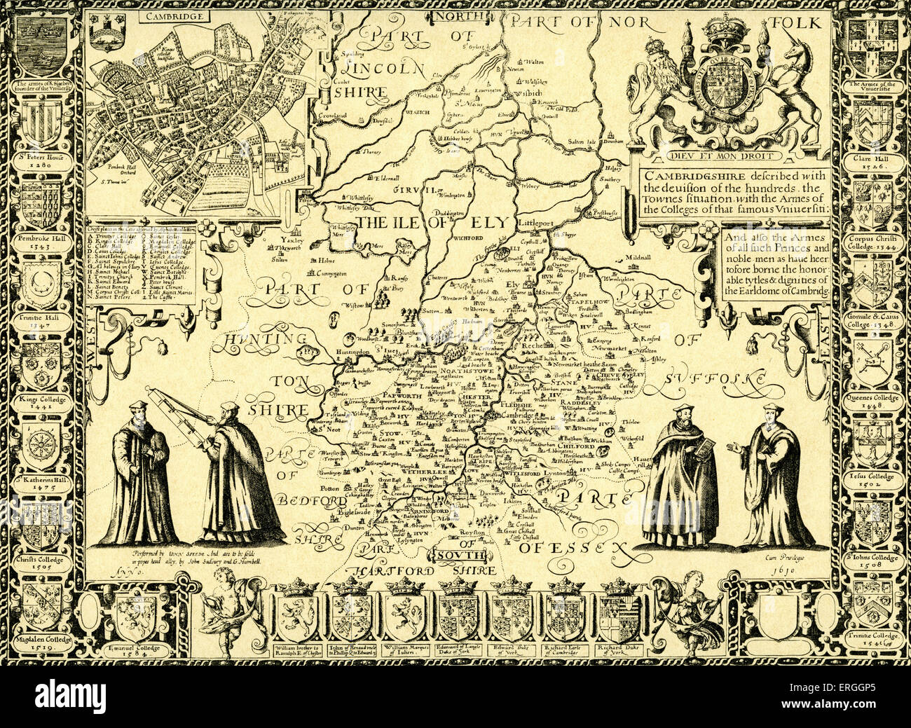 Karte von Cambridgeshire.  1611 veröffentlicht in Speed "die Theatre of the Empire of Great Britain". Karte mit Wappen von Cambridge Stockfoto