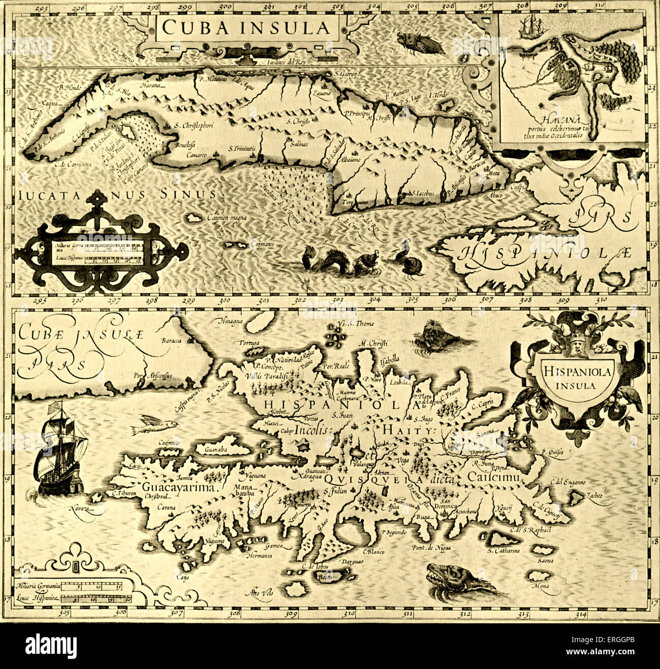 Karte von Kuba und Hispaniola veröffentlicht in Mercators Atlas. Amsterdam, 1633. Stockfoto