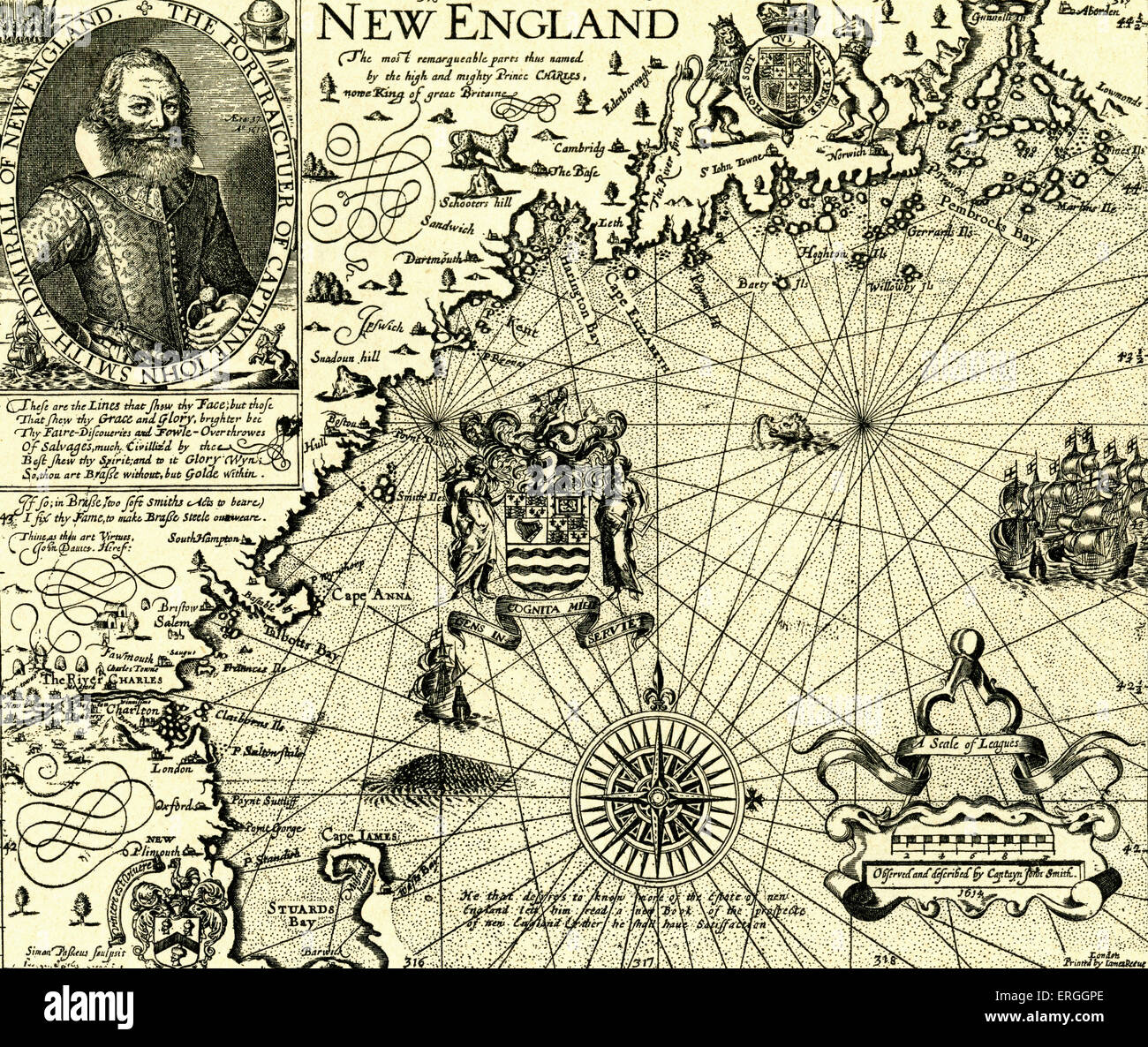 Karte von Neu-England - 1635 in Mercators "Historia Mundi", veröffentlicht. Mit Porträt von Kapitän John Smith, Admiral der neuen Stockfoto