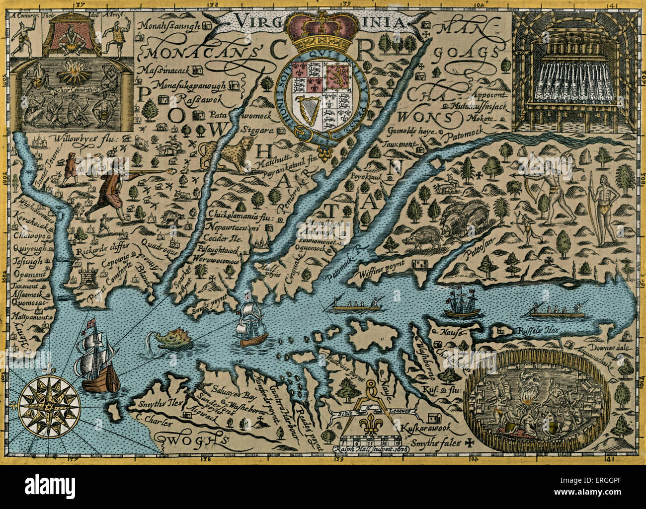 Karte von Virginia - 1635 in Mercators "Historia Mundi", veröffentlicht. Stockfoto