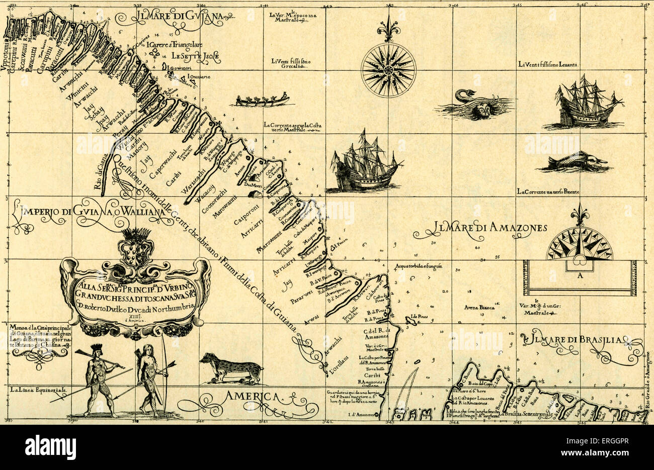 Karte von der Küste-Guayana - veröffentlicht in Dudleys 'Dell 'arkano del Mare", 1646 - 47. Stockfoto