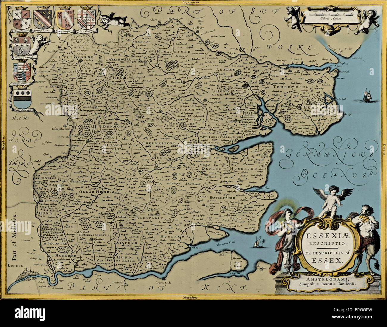 Karte von der Grafschaft Essex - 1658 in Janssons "Novus Atlas", veröffentlicht. Stockfoto