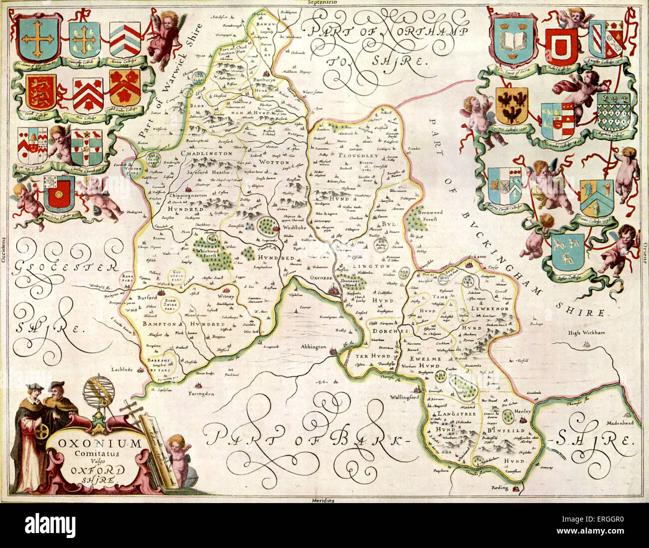 Karte der Grafschaft Oxford - 1658 in Janssons "Novus Atlas", veröffentlicht. Mit Wappen der Colleges der Universität Oxford. Stockfoto