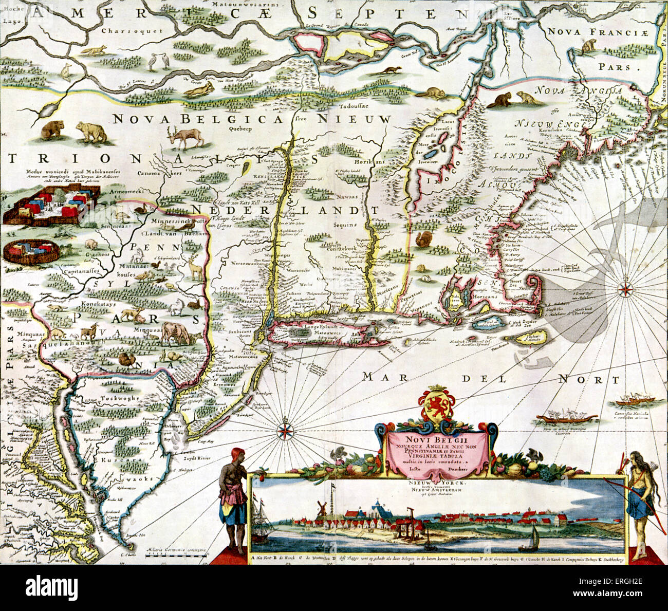 Karte von New Belgium, New England, Virginia etc. mit Blick auf New York ("in letzter Zeit genannt New Amsterdam") von Justus Danckers, 1682. Stockfoto