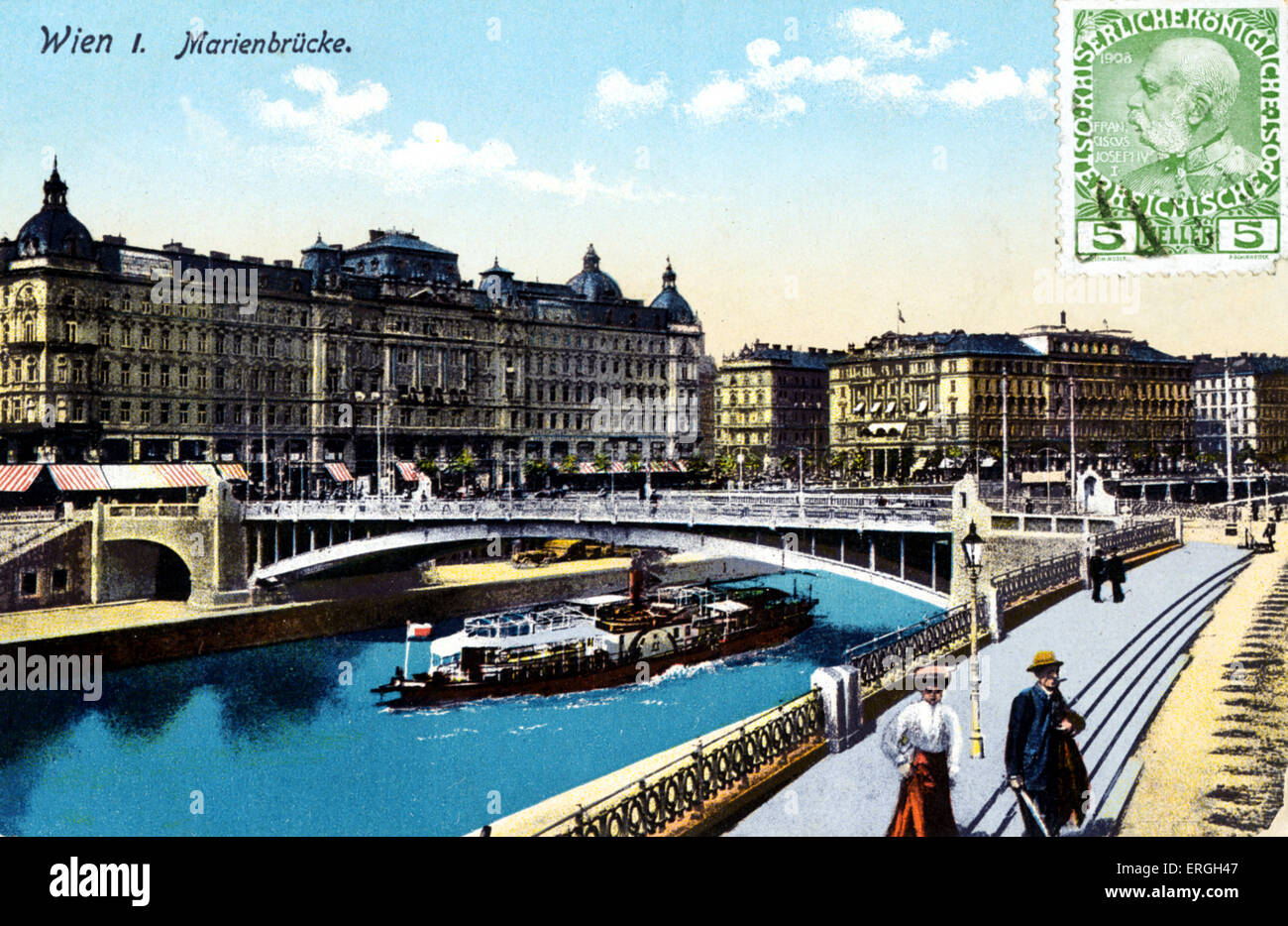 Wien - Ende des 19. Jahrhunderts View - Marienbrücke (Marien-Brücke); Stempel von Kaiser Franz Joseph Stockfoto