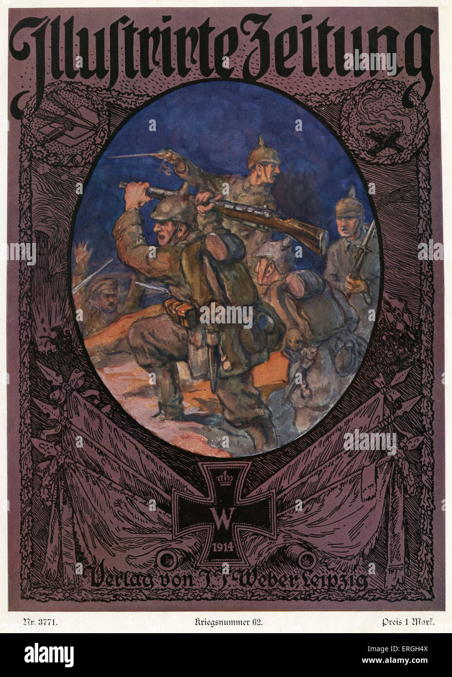 Illustrierte Zeitung: Titelseite, 7. Oktober 1915. Krieg Ausgabenummer 62. Soldaten zeigen im ersten Weltkrieg Kampf. Deutsch Stockfoto
