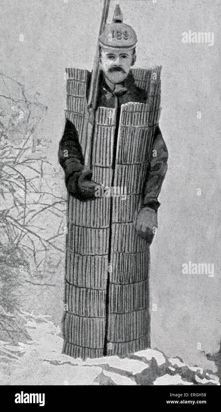 Deutscher Soldat trägt Stroh Mantel während des 1. Weltkrieges. Illustration aus deutschen Zeitung die Zeit. 1916. Stockfoto