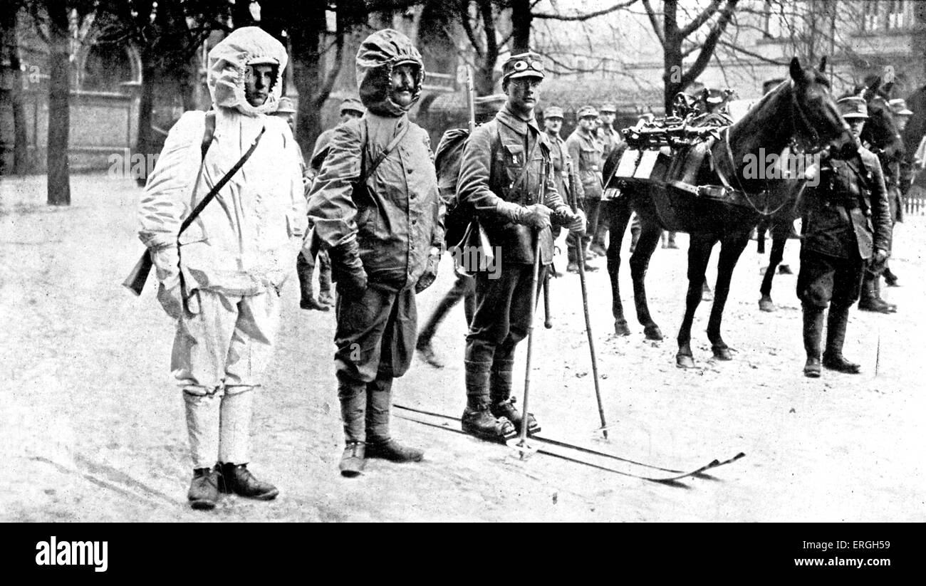 Deutsch "Ski Brigaden" an der östlichen Front des 1. Weltkrieges. Illustration aus deutschen Zeitung die Zeit. 1916. Einheiten zusammengesetzt Stockfoto