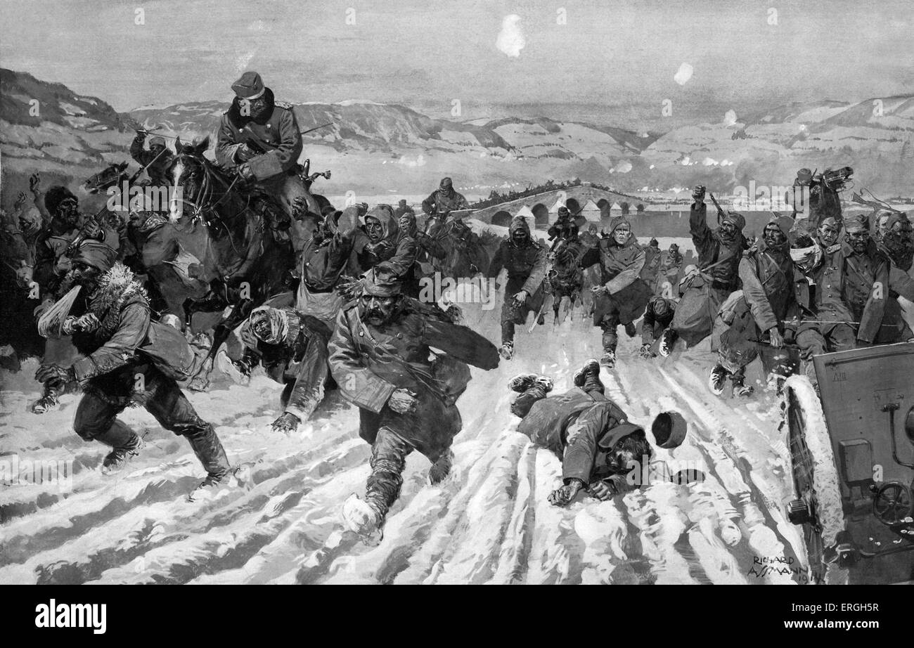 Erster Weltkrieg: Krieg zwischen Austro - Ungarn und Serbien. Rückzug von Serbien nach neun Tagen des Kampfes Kolubara Fluss im November 1914. Folgen der Austro - ungarischen Balkan Division Erfassung von 8000 Gefangene und 42 Stellplätze. Illustrationen von Richard Assmann, 1914. Stockfoto