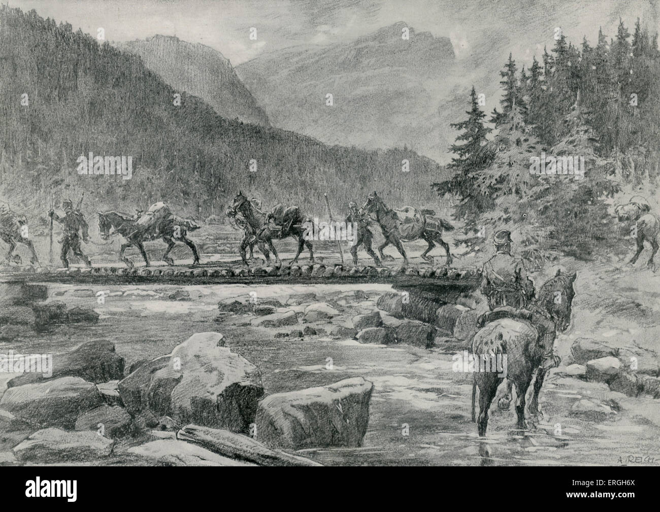 1. Weltkrieg: Pferd Wohnwagen über einen Bach in der Südtirol an der italienischen Front. Illustration aus Leipziger Illustrirte Stockfoto