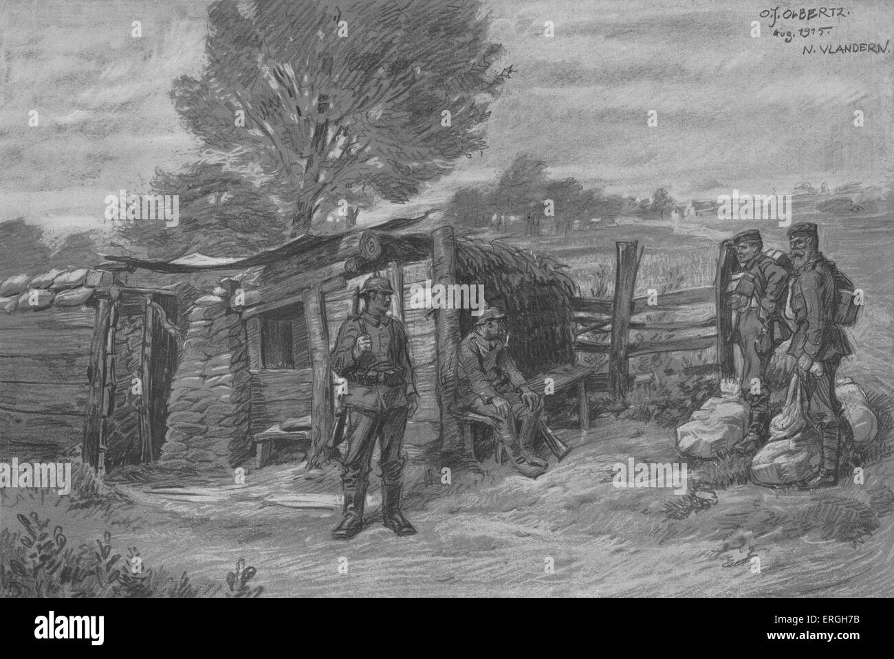 1. Weltkrieg: Deutsche post Sammler in North Flandern auf dem Weg in die Schützengräben. Nach einer Zeichnung von O. Olbertz in Leipzig Stockfoto