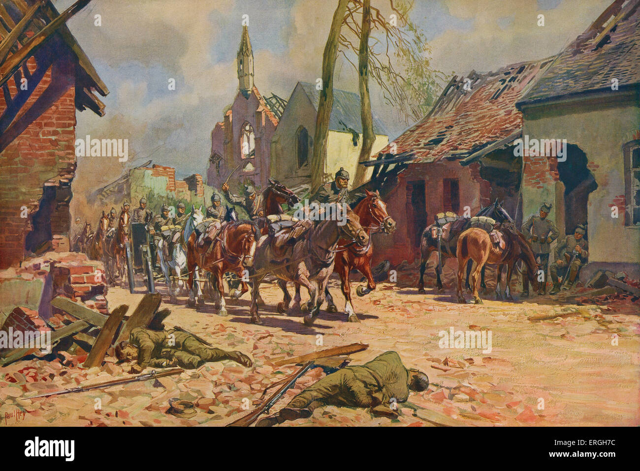 1. Weltkrieg: Deutsche Truppen in Ypern, Belgien. Eine deutsche Batterie Reiten durch St Julien. Nach einem Aquarell von Paul Stockfoto