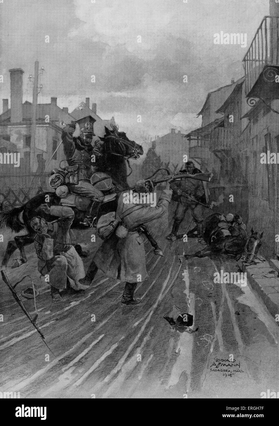 1. Weltkrieg: Russische Angriff auf polnische Legionäre und Arbeitsteilung in den Straßen Sadhora (heute Ukraine). Kriegsschauplatz in Stockfoto