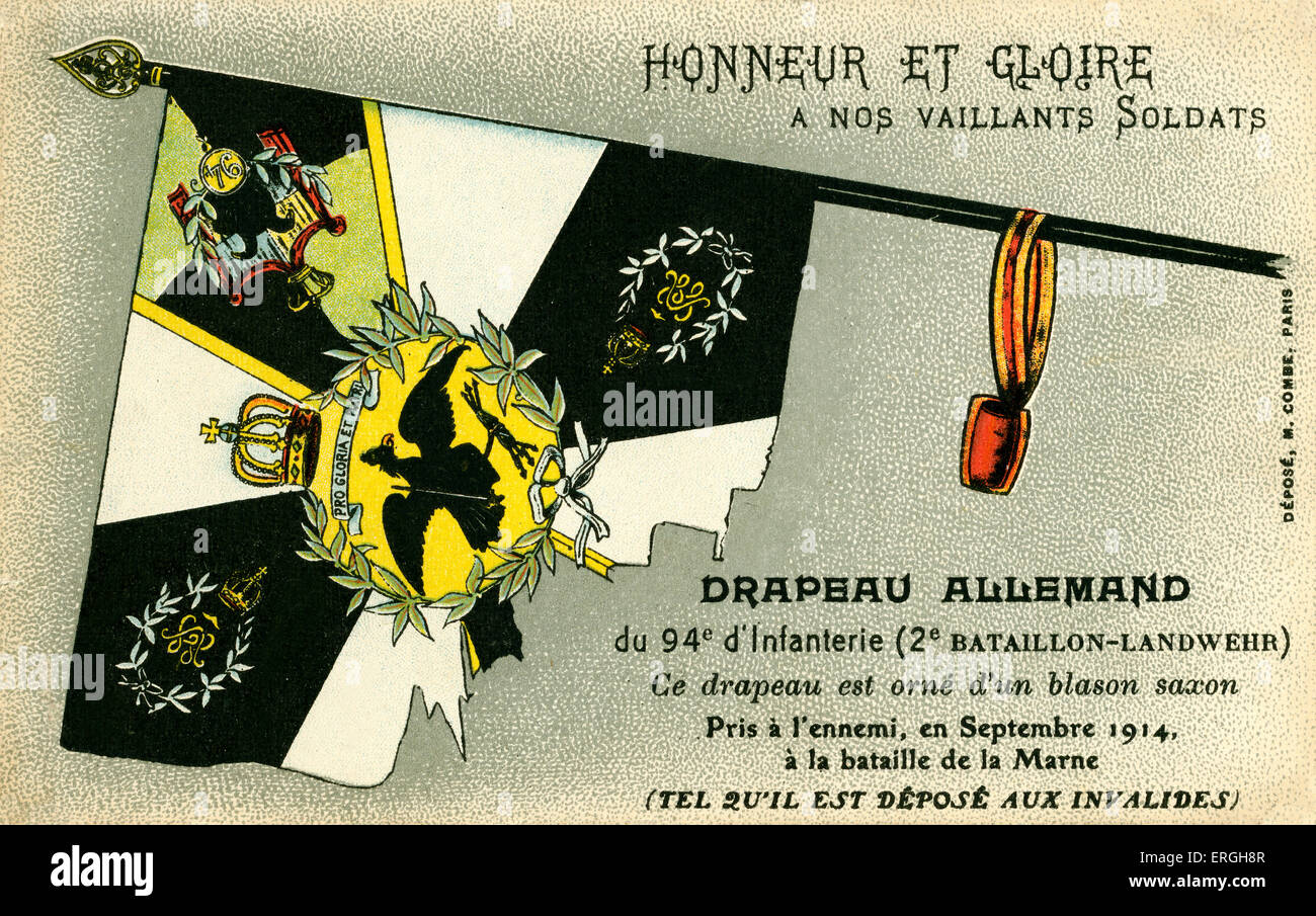 Ersten Weltkrieg: Deutsche Flagge von den Franzosen gefangen genommen. Flagge der 94. Infanterie ("2. Bataillon - Landwehr). Dekoriert mit einem sächsischen Stockfoto