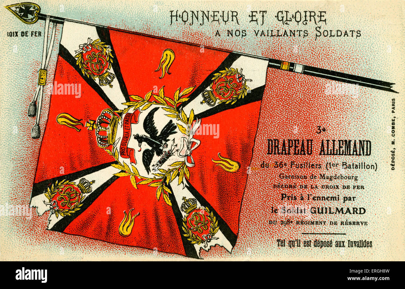 Ersten Weltkrieg: 3. deutscher Flagge von den Franzosen gefangen genommen. Flagge der 36. Fusiliers (1. Bataillon). Garison Magdeburg. Verziert Stockfoto
