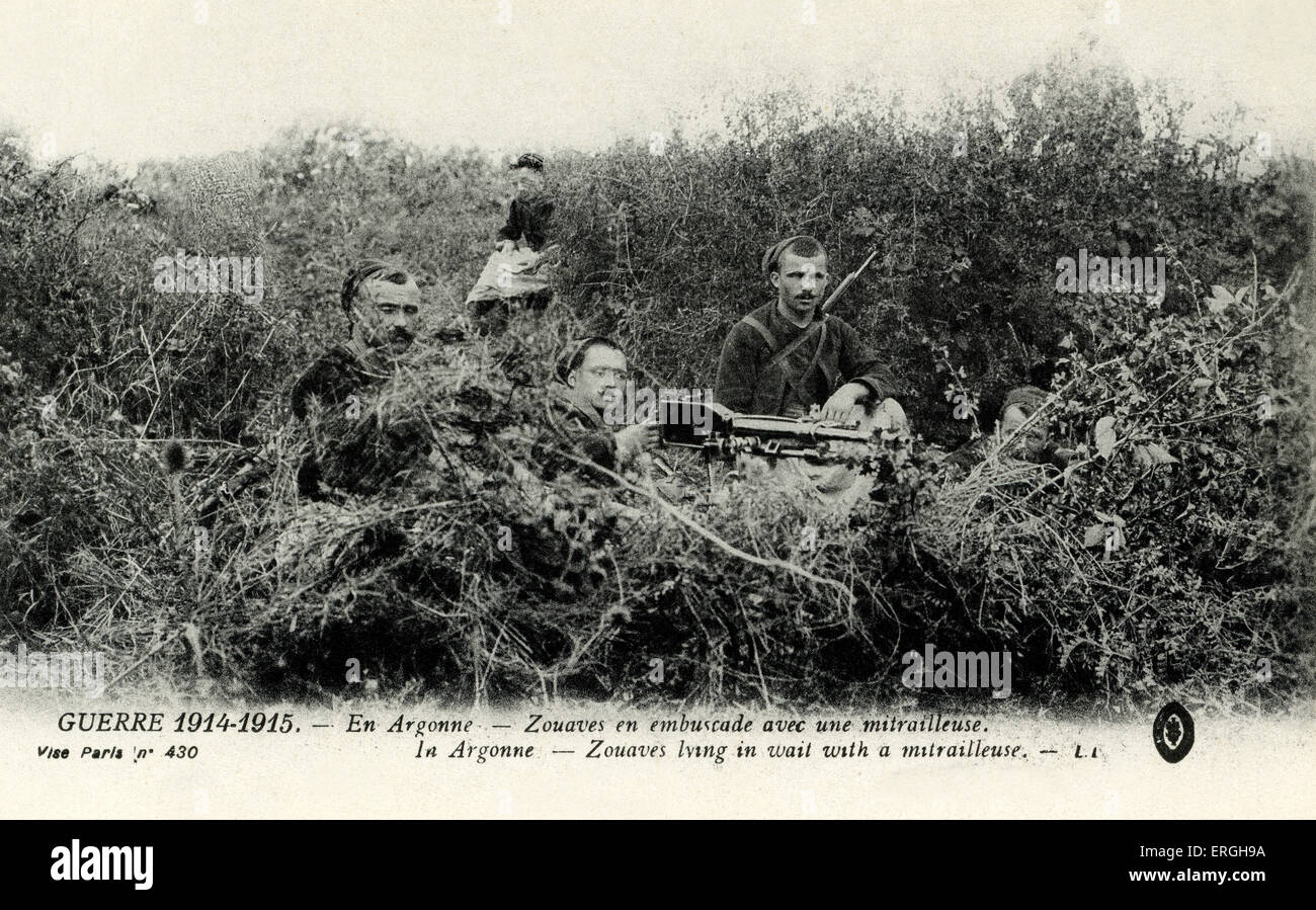 1. Weltkrieg: Zouve Regiment liegen auf der Lauer mit Mitrailleuse (Französisch montiert schnell feuernde Waffe Gewehr Kaliber) im Forst Stockfoto