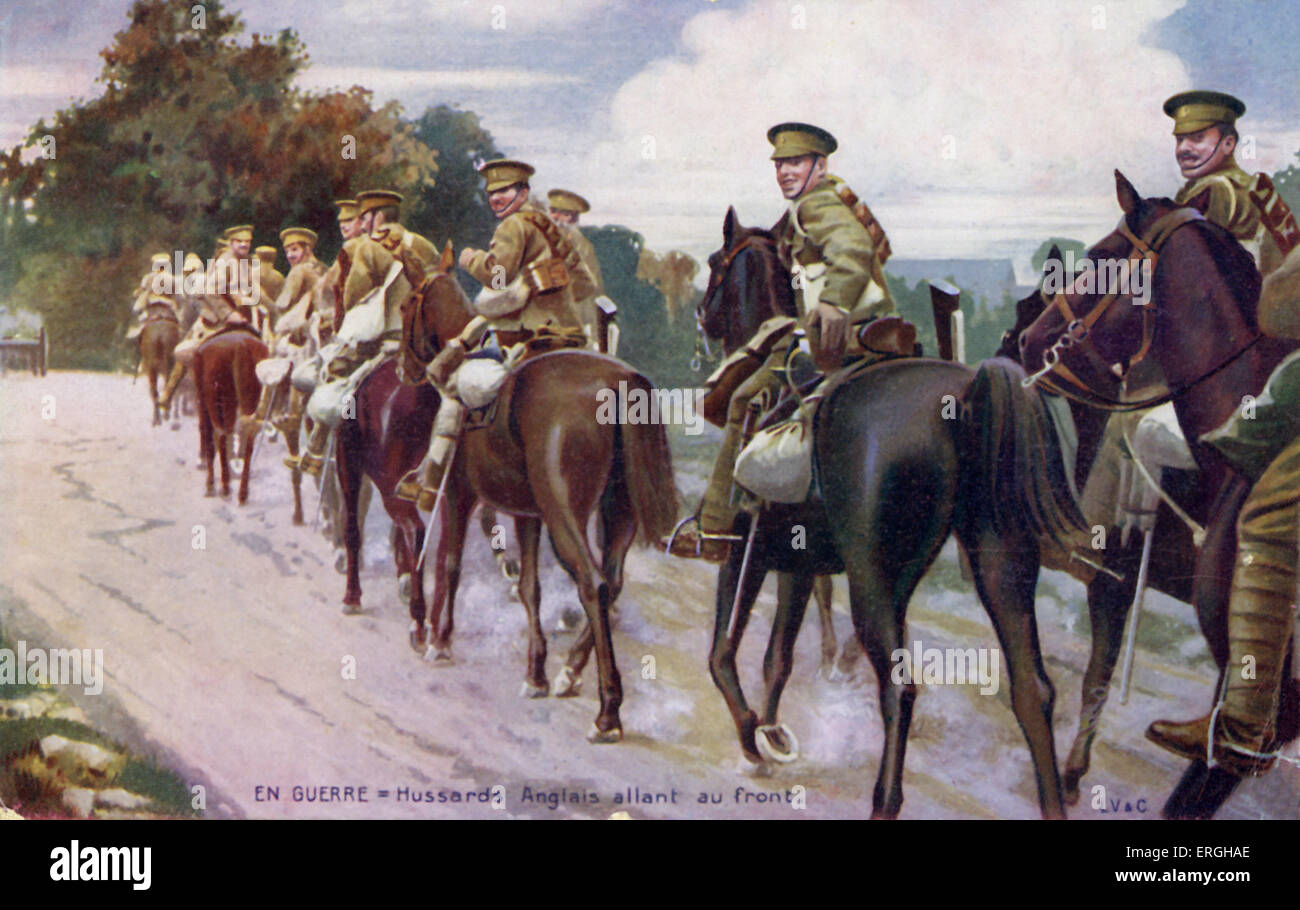 1. Weltkrieg: Englische Husaren an der Front. Leichte Kavallerie-regiment. Französische Postkarte. Stockfoto