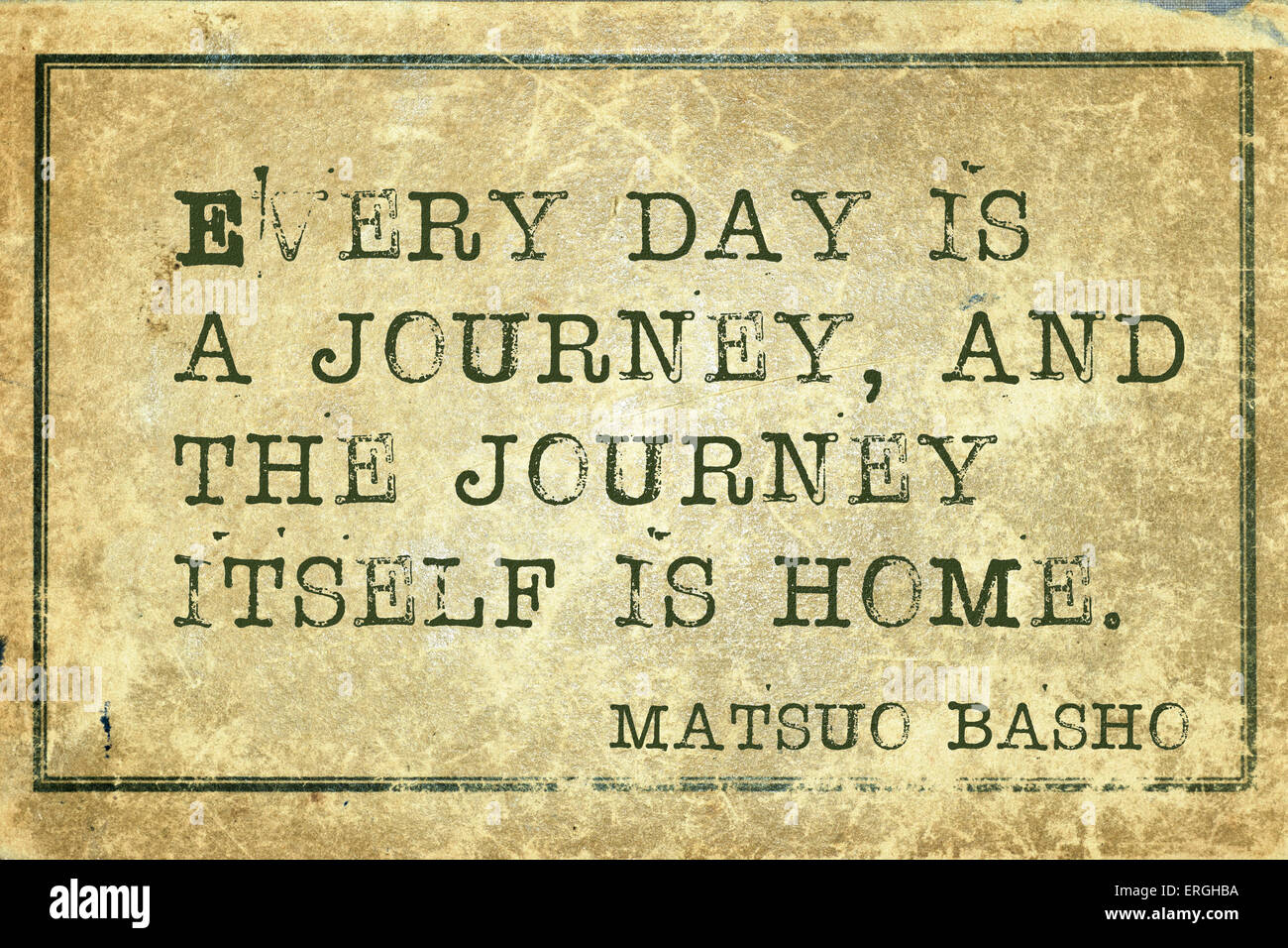 Jeder Tag ist eine Reise - antike japanische Dichter Matsuo Basho Zitat auf Grunge Vintage Karton gedruckt Stockfoto