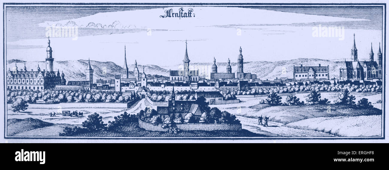 Arnstadt, Deutschland. Karte der Stadt. J.S. Bach lebte von 1703-1707 in Arnstadt. Stockfoto
