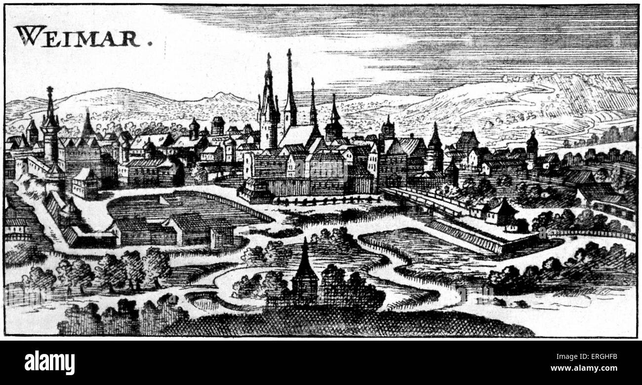 Weimar - Übersicht Anfang des 18. Jahrhunderts.  Verbindungen Bach, Liszt. Bach lebte von 1708 bis 1717 in Weimar. Stockfoto