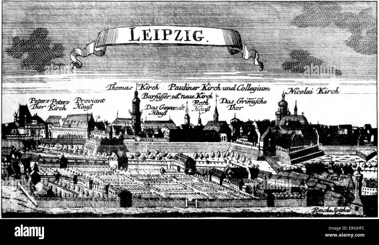 Leipzig, Deutschland. J.S. Bach lebte in Leipzig zwischen 1723 und 1750. Bilder, Aufbau von links nach rechts: Peter Thor, Peters Kirch Stockfoto