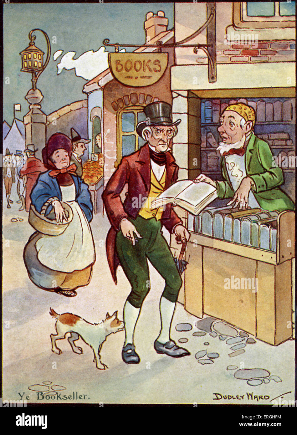 Ihr Buchhändler - Illustration von Dudley Ward. Victorian Straßenszene. Stockfoto