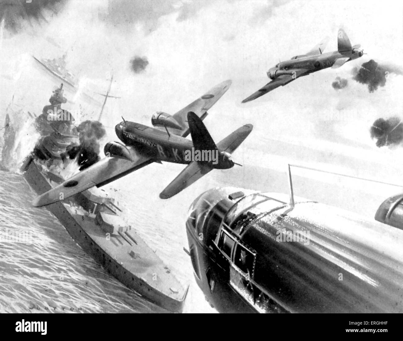 WW2: Angriff auf deutsche Kriegsschiffe auf Helgoland, 3. Dezember 1939 berichtet.  R.A.F-Bomber. Von "Epic Series" Postkarten, Nr. 9. Stockfoto