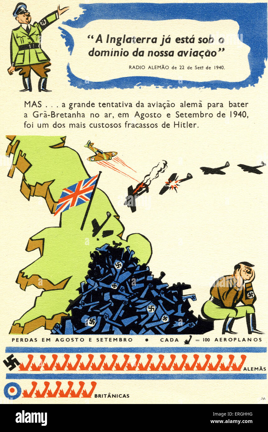 WW2: Portugiesische Karikatur der Luftschlacht um England. Anti-Deutsche Postkarte. Zitat von Hilter (oben): A Inglaterra ja Esta sob o Stockfoto