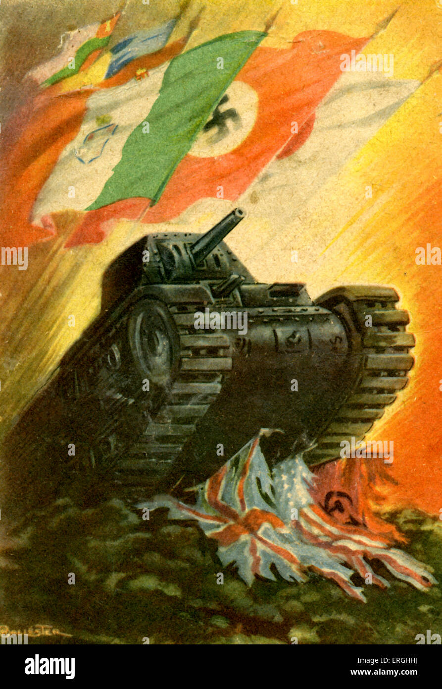 2. Weltkrieg: Tank erdrückenden Alliierten Fahnen. Kennzeichnen Sie mit Flaggen von Italien, in Deutschland unter dem Dritten Reich und Japan. Italienisch Stockfoto