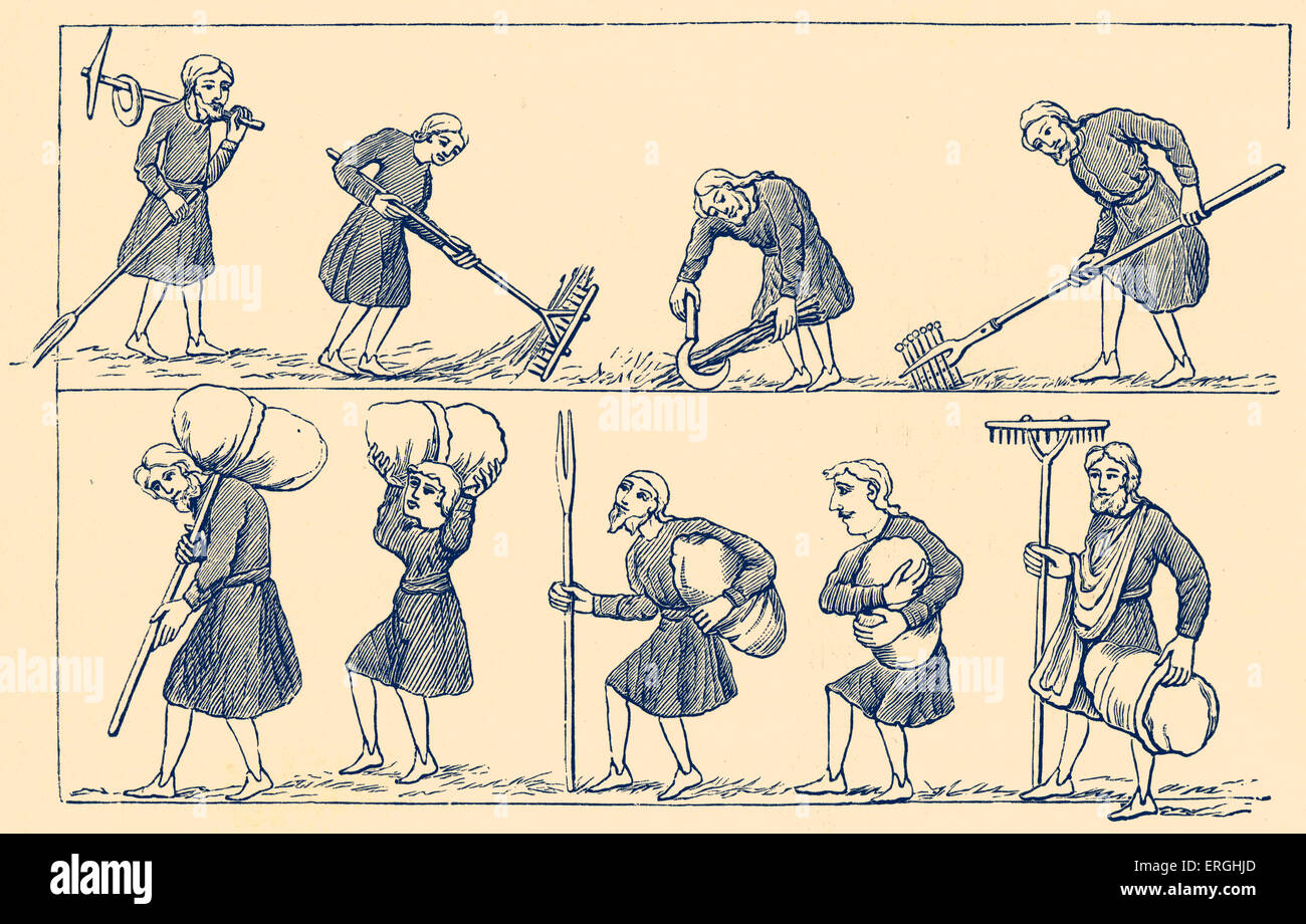 11. Jahrhundert Landwirtschaft in England. Abbildungen der verschiedenen Techniken (einschließlich Mähen). Abbildung des 19. Jahrhunderts. Stockfoto