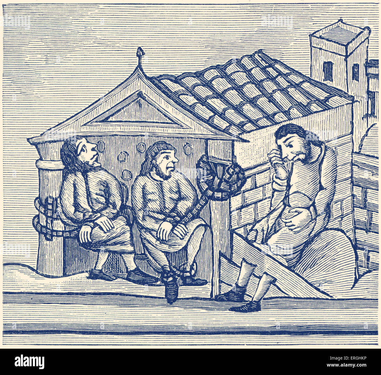 Männer im Gefängnis und in Aktien. 12. Jahrhundert Englisch Abbildung (A.D 1130-1174). Stockfoto