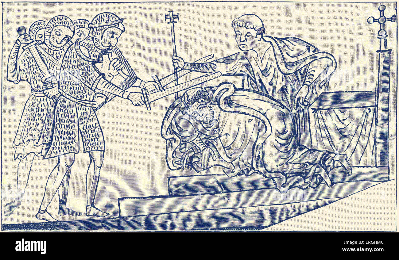 Martyrium des Thomas Becket. Gezeichnet von Matthew Paris. Benediktinermönch, englischer Chronist, Künstler in illuminierten Handschriften und Stockfoto