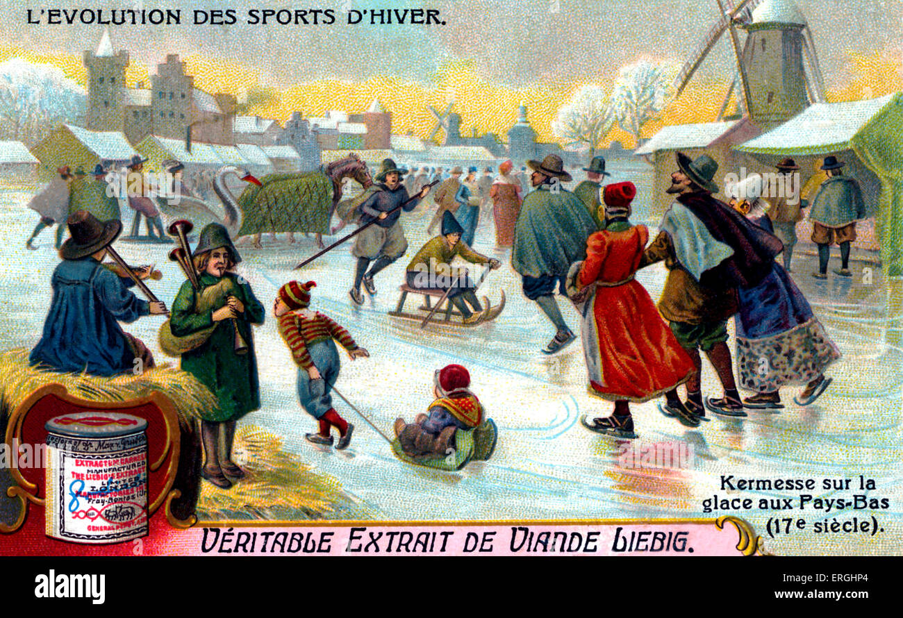 Die Entwicklung des Wintersports: Kermesse auf dem Eis in den Niederlanden, 17. Jahrhundert. Niederländische Festival. Liebig Fleisch Extrakt Stockfoto