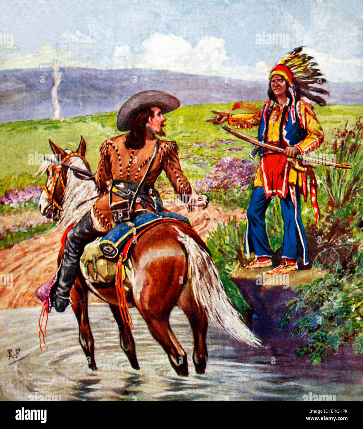 Späher des großen wilden Westens mit Buffalo Bill auf der Strecke und Trail. Buch-Titelbild 1925 Stockfoto
