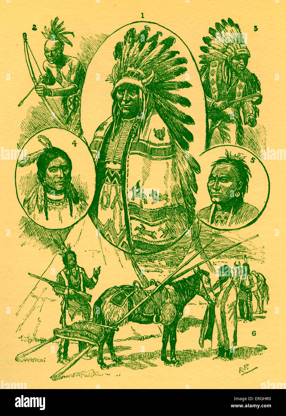 Indianer im 19. Jahrhundert.  Bildunterschrift lautet: "rote Männer der Ebenen.  (1) der große Chief Sitting Bull 2. Frühe Art des Stockfoto