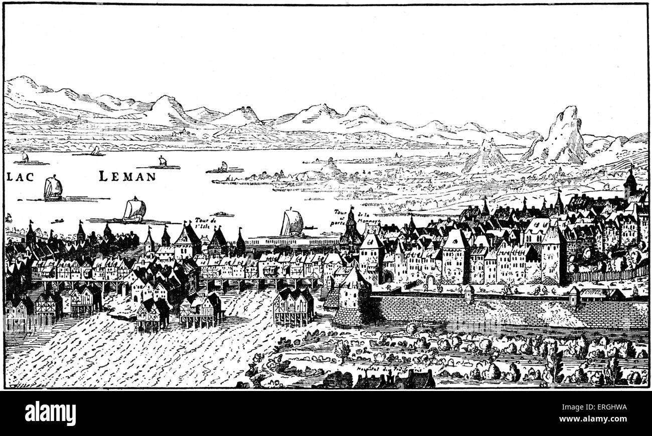 Genf, Schweiz - von Stich von Vischer, 1641. Der Genfer See ist Hintergrund, vor Bergen (Alpen). Stockfoto