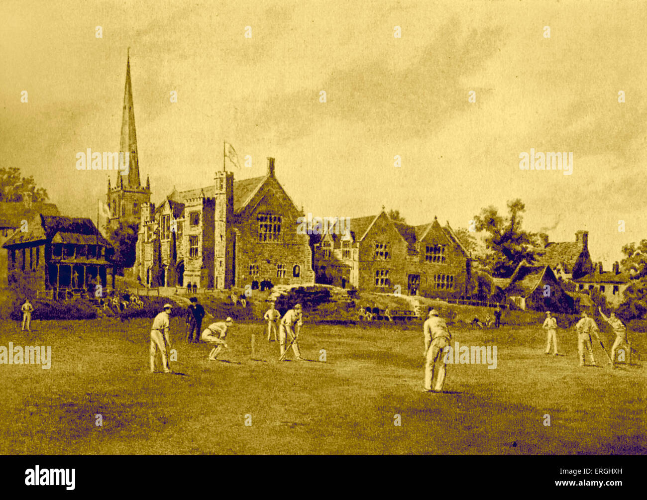 Repton School aus dem Cricket-Feld. Farbiger Kupferstich von F. G. Stevenson (Datum unbekannt) nach F. P. Barraud. Englische Publikum Stockfoto