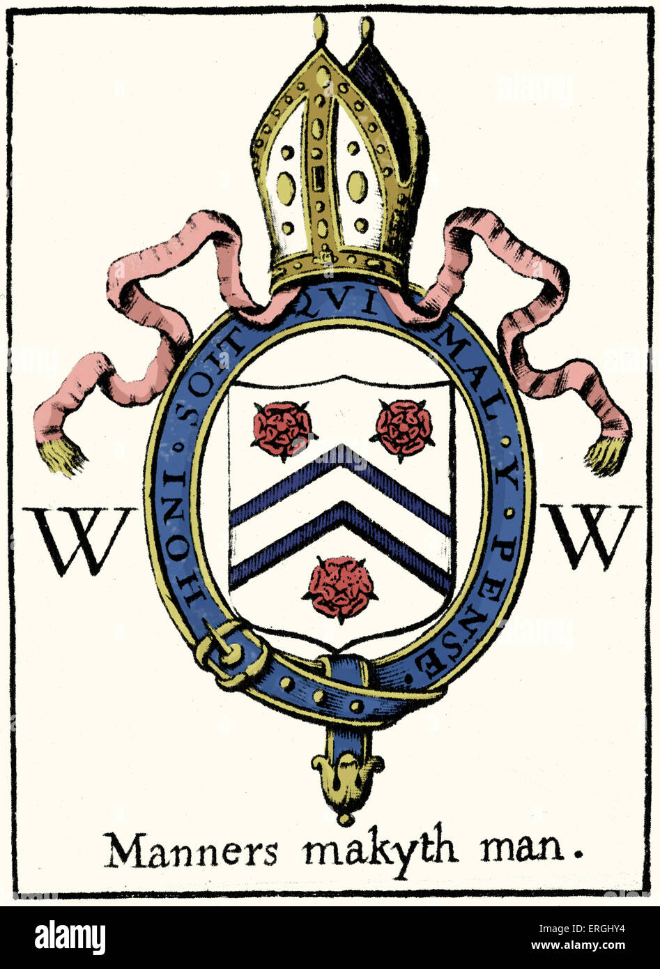 William von Wykeham Wappen. Gravur von gebeten für die Nutzung des Winchester College, 1677. Autor unbekannt. Stockfoto